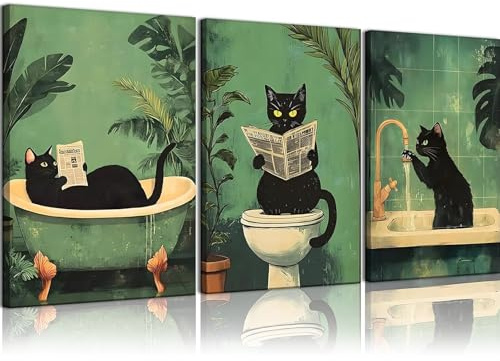 3 Stück Bilder Badezimmer Bilders für wc Lustige Katzenbilder fürs Badezimmers Bilder Badezimmer Tiere, 30 x 40 cm Retro-Wanddekoration Geeignet für die Dekoration von Badezimmertoiletten (Rahmenlos)
