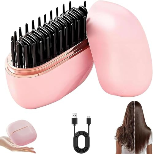 Mini Hair Straightener, 2-in-1 Mini Cordless Hair Straightener Comb, 30s Fast Heating Hot Comb, Anti-Scald Shell, USB Portable Heated Styling Brush for Travel and Daily Use (Pink)
