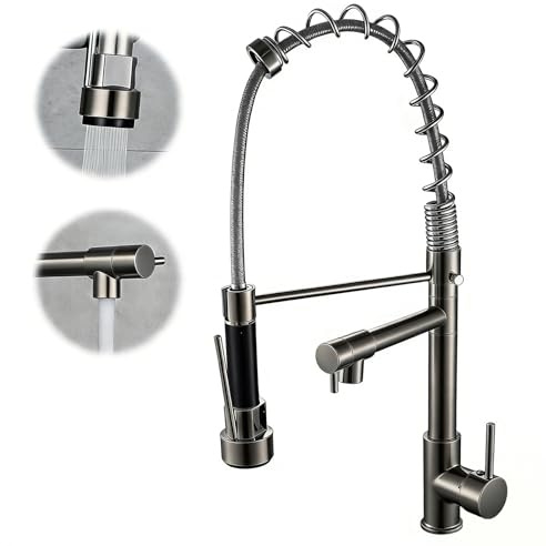 Kitchen Mixer Tap with Pull Out Spray, Spring Kitchen Sink Taps with Dual Function Spray Head, 360° Swivel Stainless Steel Kitchen Tap, Tool-Free Installation, Lead-Free Ceramic Valve (Gunmetal Grey)