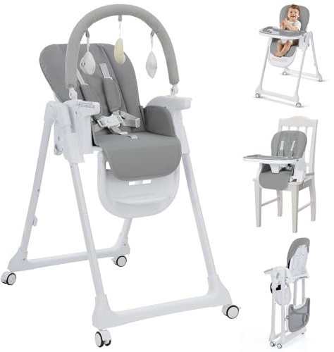 Seggiolone Pappa Pieghevole con Arco Giochi, Altezza Regolabile, Seduta in PU, Ruote e Doppio Vassoio, Convertibile in Rialzo