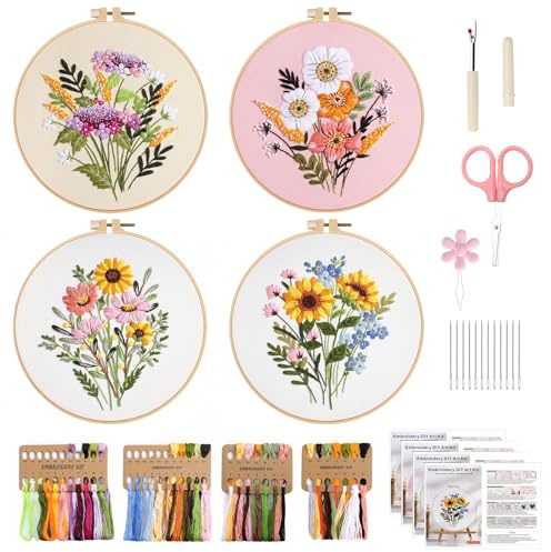 VynyQoo 4pcs Kit Ricamo di Fiori e Piante, Embroidery Kits Starter per Adulti con Telaio da Ricamos Fili e Attrezzi per DIY Artigianato