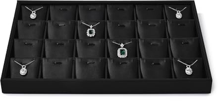 Oirlv Vassoio per Gioielli in Pelle Nera PU con 24 Griglie - Espositore per Collane,Ciondoli e Gioielli