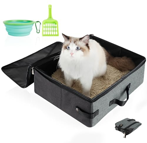HiCaptain Faltbare Tragbare Katzentoilette - Faltbare Katzentoilette mit Deckel - Geeignet für Roadtrip, Camping, Hotel - 40cm x 30cm x 12cm, Grau (M, schwarz/grau)
