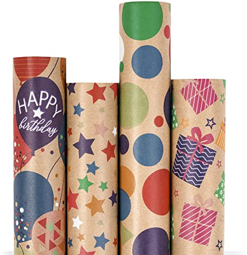 RUSPEPA Geschenkpapier Kraftpapier - Buntes Farbiges Ballon- Und Tupfen-Wickel-Design Zum Geburtstag - 4 Rollen - 76 cm X 3 m Pro Rolle