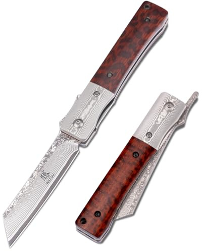 KATSU Couteau Pliant de Poche en Acier D2, Couteau de Poche avec Manche en G10 Style Bambou, Japanese Couteau Multifonction avec Clip de Poche pour Utilisation Quotidienne - Brun Argenté