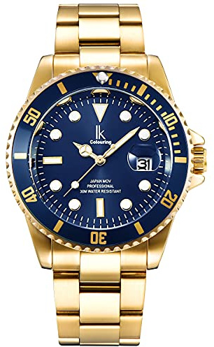 Alienwork Montre Hommes Femmes Or Doree Bracelet en Métal Acier Calendrier Date Bleu Marin Classique élégant