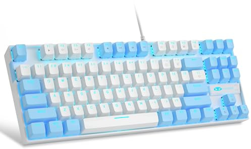 MageGee Clavier de jeu mécanique à 75 %, interrupteur rouge, rétroéclairage LED bleu, 87 touches, clavier filaire TKL compact pour ordinateur portable Windows et PC Gamer – Blanc/bleu