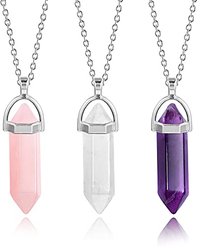 ALEXCRAFT 3Pcs Crystal Necklace Set Natural Hexagonal Point Pendant Chains | Aventurine Clear Quartz Crystal Necklace Making Set, Natural Hexagonal Pointed Gemstone Necklace Pendant for Women Men Craft