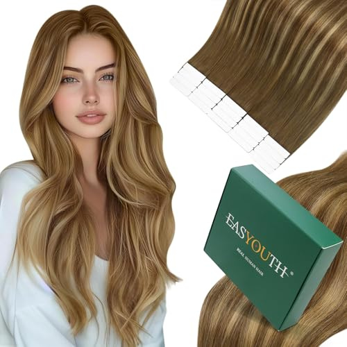 Easyouth Extensions Echthaar Tape Braun Ombre Echthaar Tape Extension Balayage Mittelbraun Honigblond Extensions Tapes Menschenhaar Weich 55 cm 50g #4/27/4 20pcs