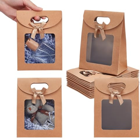 NBEADS 24pz Sacchetti di Carta Kraft Regalo con Manici, 11.9x6.15x15.7cm Sacchetti di Carta Kraft con Manici Sacchetto con Finestra Trasparente per Caramelle Matrimonio Festa di Natale Al Dettaglio