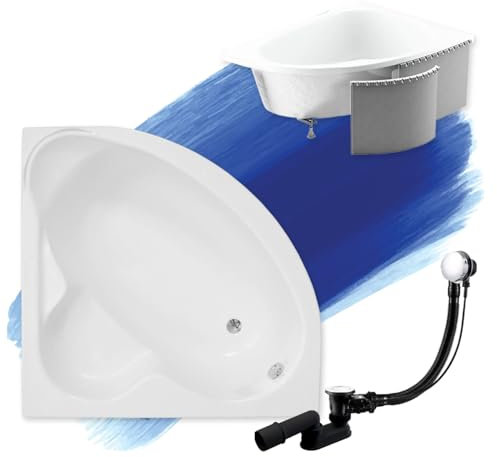 BADLAND Badewanne Original Weiß Acryl Wanne Eckbadewanne STANDARD 130x130 KOMPLETTSET SET mit Premium Styroporverkleidung + Füßen und Exklusive Chrom Automatik Ablaufgarnitur Made in EU 4in1