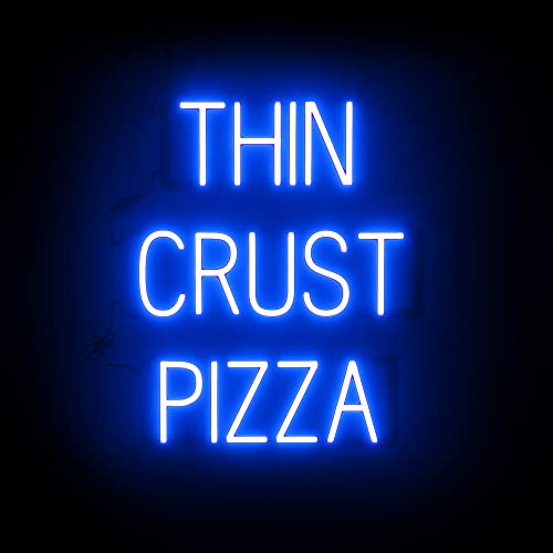 SpellBrite THIN CRUST PIZZA Sign | Pizza-Related Sign with Neon Look, Blue LED Light Source | 20.6 x 23.8