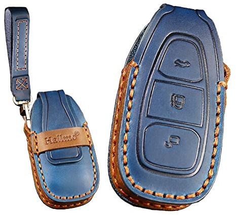 KUNIO Car Key Protective Case Fits Ford Kuga Focus RS MK3 MK4 Fiesta C-Max Galaxy Escape Ecosport Mondeo Leather Key Case Key Cover 3 Buttons Blue