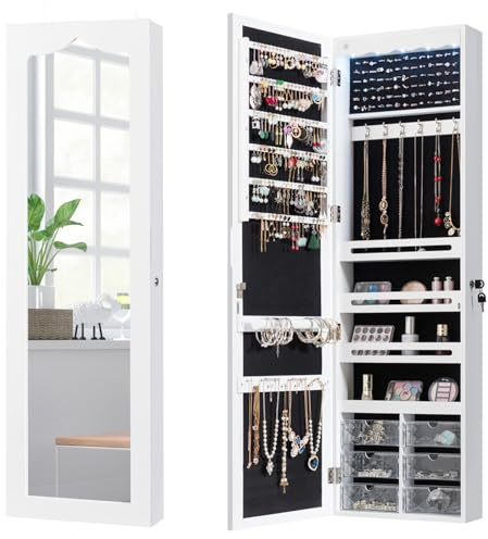 GOPLUS Armoire à Bijoux Mural avec Miroir et Lumière LED, Armoire de Rangement Mural, Accrochée à la Porte avec Serrure, Meuble de Rangement, Miror Porte-Bijoux 120 x 36,5 x 11,5CM, Blanc