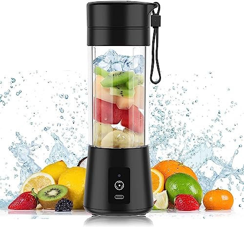 Mélangeur portable pour shakes et smoothies, mixeur personnel, mini tasse à jus 380 ml, rechargeable par USB avec 6 lames en acier inoxydable pour cuisine, sport et voyage, noir