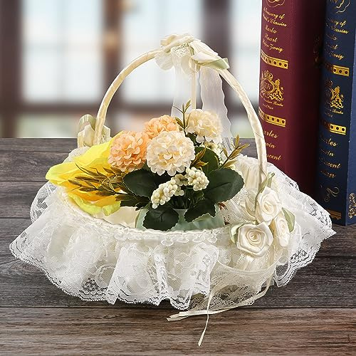 Povxlum Wicker Flower Girl Handmade Basket with Handle Silk Ribbon Lace Rattan Storage Basket for Wedding Picnic Home Decorations Candy Fruit Eggs