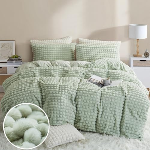 Tospass Plüsch Bettwäsche 135x200 cm 4 Teilig Winter Kaninchenfell Samt Bettwäsche Fleece Biber Grün Flauschig Warme Bettwäsche Cashmere Touch Wende Bettbezug mit Reißverschluss 2 Kissenbezug 80x80cm