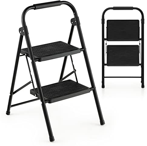 COSTWAY Escalera Plegable de 2 Peldaños, Taburete Plegable con Manija Acolchada y Escalones Antideslizantes, Escalera de Metal Portátil, para Cocina, Hogar, Almacén