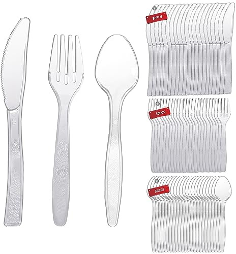 YuanbaoTt Plastikbesteck Set Wiederverwendbar,90 Stk Plastik Besteck Set Mehrweg,beinhaltet 30 Stk Plastikgabeln,30 Stk Plastiklöffel,30 Stk Plastik Messer Durchsichtig,für Geburtstags Hochzeit Party