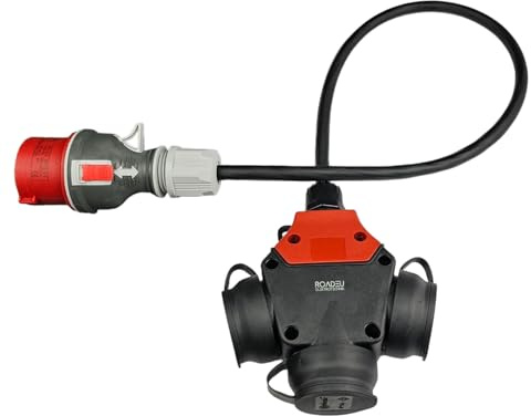 RoadEu CEE Starkstrom Adapter, CEE Stecker 16A, 380V auf 220V, 3X 220V Schuko Kupplung, 5x2,5mm Gummikabel 3 Meter. 16A auf 230V. Starkstrom Verteiler