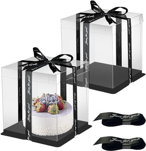 Cake Boxes Tortenbox Durchsichtige Geschenkbox 26x26x25cm Tortenschachtel | Transportbox Torte Geschenkbox Durchsichtig Wiederverwendbar mit Band für Geburtstag Dessert 2Stk (Schwarz 8 Zoll)