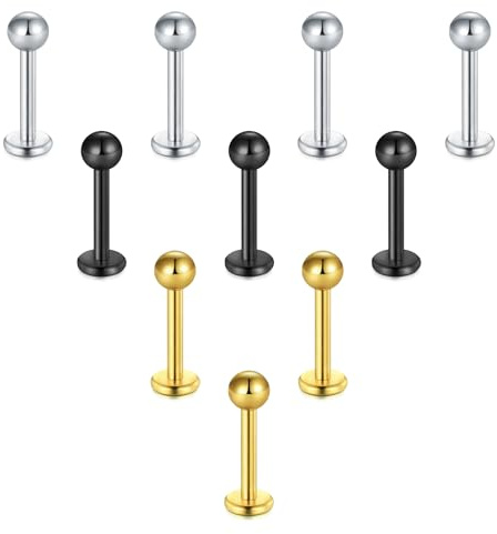 Briana Williams 10er Edelstahl Lippenpiercing Silber Schwarz Gold 8mm Stecker mit Kugel Ohr Tragus Labret Helix Piercing Schmuck