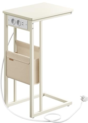 VASAGLE Beistelltisch, Sofatisch mit Ladestation, C Form, Couchtisch klein, Stofftasche, verstellbare Füße, Schlafzimmer, Wohnzimmer, 2 USB-Anschlüsse, 2 AC-Steckdosen, cremeweiß LET356W02