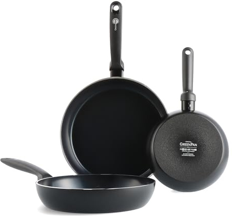 GreenPan Torino Hälsosam keramisk non-stick 2 st stekpanneset, 20 cm, 24 cm och 28 cm, Pfann-fri, induktion, ugnssäker upp till 160 °C, diskmaskinssäker, svart