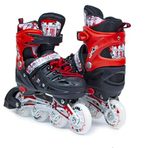 Scale Sports - Adjustuble Roller Skates with light up wheels for children and adults - Kids Inline Roller Skates (black-red, UK 2-4.5 (EU 34-37) M)