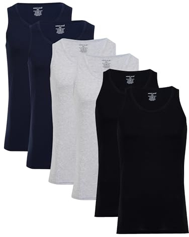 Men’s Vests Assorted Plain Colours - New Improved Fit, Cotton Rich, Sleeveless Undershirts, Pack of 6 - UK Size Black/Navy/Grey, Large