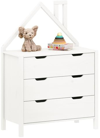 IDIMEX Commode Enfant ELANO en Bois Massif Blanc avec 3 Tiroirs de Rangement, 84 x 120 x 41 cm, Meuble Chambre en Forme de Maison, Style Montessori, pour Fille ou garçon