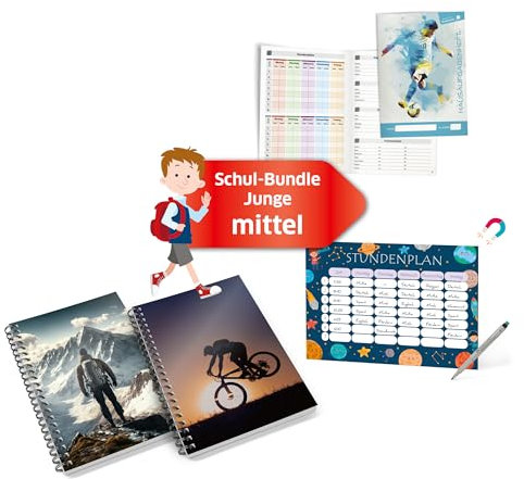 Schulstarterset für Jungs - Geschenk - Hausaufgabenheft Fußball, Magnetischer und abwischbarer Astronaut Stundenplan & 2x Spiral-Notizblock - Idealer Schulstart - Grundschule [Mittel Set] PRIMUS PRINT