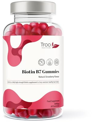 Troo Health Care Biotin 5000mcg Hair, Skin and Nail Growth Support | Gummy Supplement - 60 Natural Strawberry Flavour Chewable Gummies - 5 Months Supply – Vegan Friendly – for Men and Women