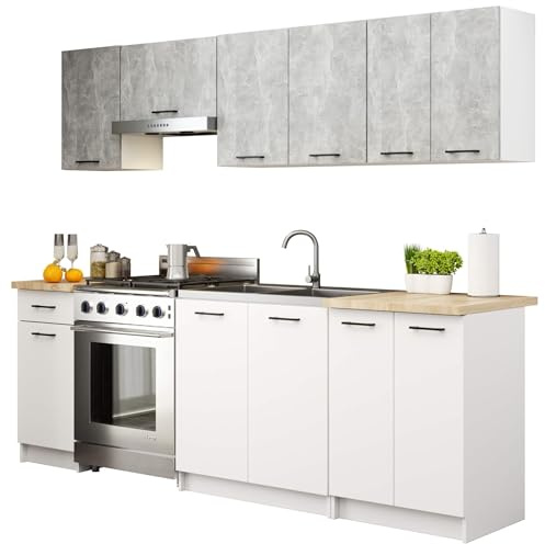 AKORD | KüchenmöbelSet 2.4m | Küche Komplett | Kitchen Cabinet Set | Küchenschränke | Standschränke | Hängeschränke | Schubladen | Untertischschrank | Beton & Weiß Front