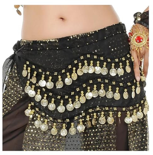 HWJFDC Bauchtanz Hüfttuch 1 stücke Frauen Bauchtanz Hüfttuch Zubehör 3 Reihe Gürtel Rock Mit 72 stücke Gold Farbe Münzen Taille Kette(Black)