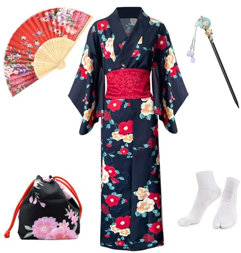 PLULON 5 pezzi giapponese abito Geisha Yukata abito Blossom Satin accappatoio con coulisse borsa ventaglio forcina Tabi calzini set per le donne