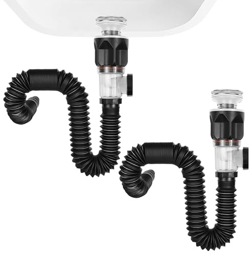 Rackickyer 2 Pack Bathroom Sink Drain Kit, with Flexible Expandable P-Trap Sink Drain Pipe, Fits 1-1/4,1-1/2 and 2'' Drain Hole, Built-in Anti-Clogging Stopper, Anti-Odor Bathroom Sink Drain