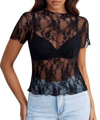 ueslwser Damen Netzoberteil Durchsichtige Schwarze Bluse Netzoberteil Damen Spitze Kurze Ärmel Print Rundhalsausschnitt Mesh Top Transparent Shirt Frauen (M)