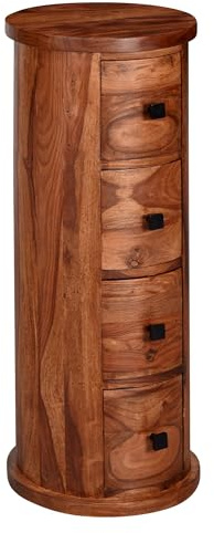Design Sideboard Sheesham Massivholz 35x85x35 cm | Schränkchen mit 4 Schubladen | Schmaler Beistellschrank Massiv | Mini Kommode Rund