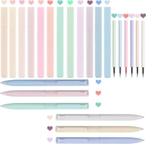 BetterJonny 24 Stück Textmarker Pastell Set, 12 Pastell Textmarker und 6 Aesthetic Gelstifte mit 6 Gelstiftmine 0.5 Fine Point Dry Fast Easy to Hold für Bible School Supplies Office-A