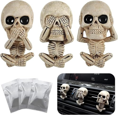 MisFun 3 Stück Halloween Auto Duft Lufterfrischer Totenkopf | Auto Diffusor mit 3 Dufttabletten, Totenkopf Auto Deko Aromatherapie Duftspender für Halloween, Männer und Frauen