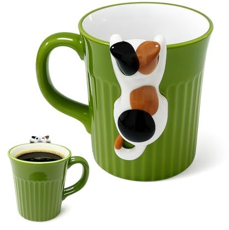 Graziosa tazza per gatti, divertente tazza con gatto tricolore, tazza in ceramica, 350 ml, tazza da caffè personalizzata, per latte, caffè, succo di frutta (verde)