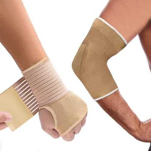 Wrist Brace,2 Pack Breathable Wrist Support Brace,Elastic Breathable Wrist Hand & Wrist Braces & 2 Pair Elbow Pads, Adjustable Wrists Compression Wraps Straps for Sports Work, etc(Skin Color)