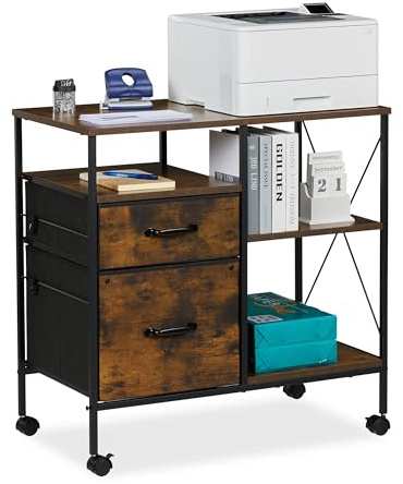 Relaxdays Mueble Impresora, Cajonera Oficina con Ruedas, 2 Cajones, Archivador Colgante, 75,5x76,5x40 cm, Marrón y Negro
