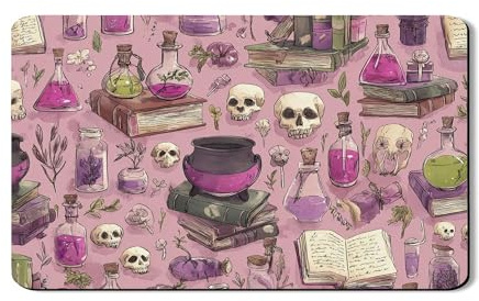 Fanciful Potion Dish Drying Mats For Kitchen Counter, Vintage Skull and Potion Absorbent Rubber Mat, Halloween PU Leather Drying Pad For Coffee Bar Protector 12x20 Inch