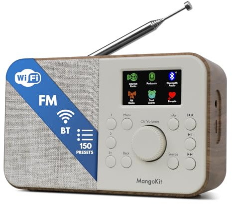 MangoKit SR-L WiFi Internet Radio, Podcast Player, Bluetooth Speaker,150 Presets, Portable FM Radio, Alarm Clock Radio, Compact Kitchen Radio with Full Colour Display, Mains or Battery Powered-Walnut