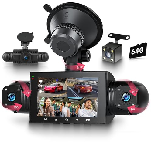 Bilkamera 360° 4-kanals bilkamera bil, 4 kamera FHD 1080P fram och bak vänster höger, 3 tum 1080P bilkamera med IR-nattseende/Loop Video/24H parkeringsövervakning/G-sensor/parkeringshjälp med 64 GB
