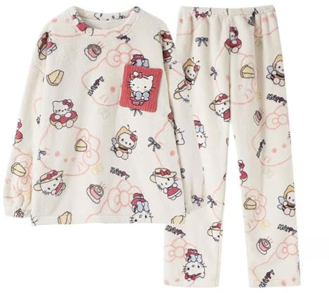 Satdflie Cartoon Pigiama Invernale in Pile Pigiama Due Pezzi Maglia Manica Lunga e Pantalone Lungo Flanella Camicia da Notte per Petite Donna Ragazza