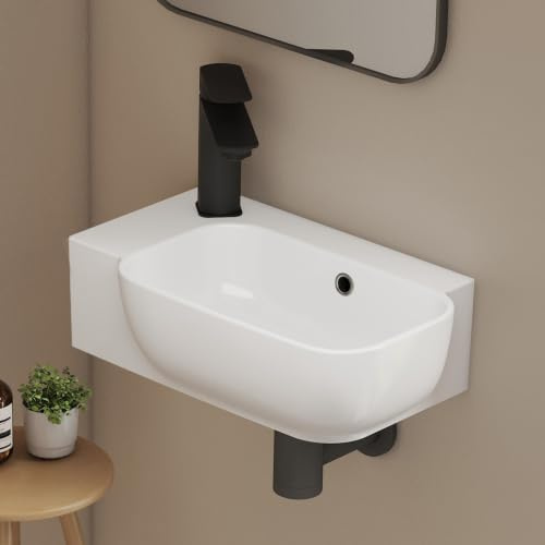 EMKE Klein Waschbecken Rechteckig 40,0 × 25,0 × 14,0 cm – Keramik Waschbecken Mit Hahnloch & Überlauf, Handwaschbecken Klein Ideal für Badezimmer & Gäste-WC, Weiß