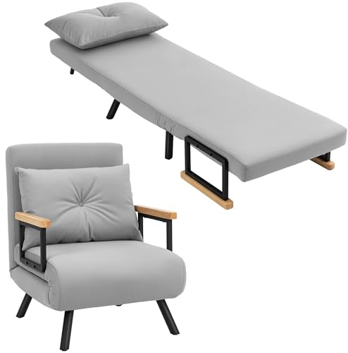 HOMCOM Sofá Cama de 1 Plaza 4 en 1, Sofá Cama Plegable Tapizado en Terciopelo con Respaldo Ajustable de 5 Niveles y Almohada Acolchada, para Oficina, Dormitorio, Salón, 63x73x81 cm, Gris Claro